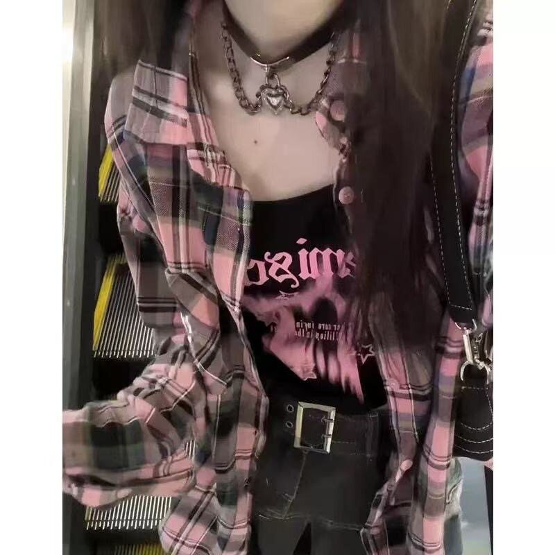 粉色格子衬衫外套女2025春季新款美式慵懒休闲长袖外搭中长款上衣