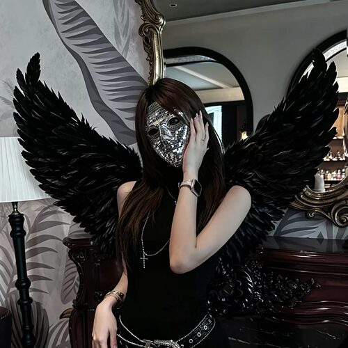 黑天使覆面系面具镜面银马赛克恶魔cos面罩拍照道具头套全脸面具