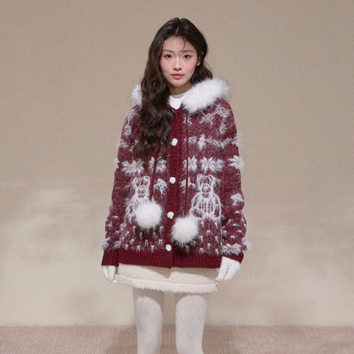 NCXK圣诞新年雪花小熊提花大毛领连帽开衫外套毛衣780克MY25179