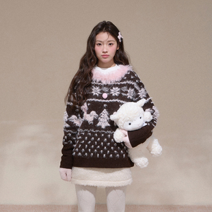 NCXK立体蝴蝶结圣诞新年毛衣腊肠狗提花跨年氛围感MY25181