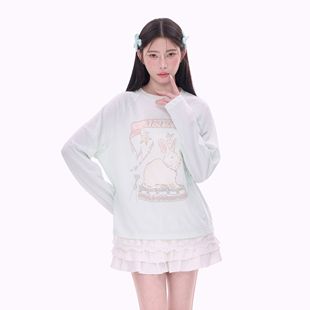 NCXK CX25016 兔子蛋糕印花长袖 T恤下摆拼接蕾丝甜美少女感春季