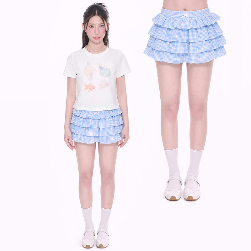 NCXK-俏皮可爱格纹多层蛋糕短裤韩系甜美花苞裤夏季DK25072