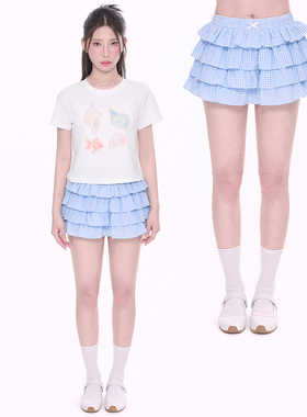 NCXK-俏皮可爱格纹多层蛋糕短裤韩系甜美花苞裤夏季DK25072