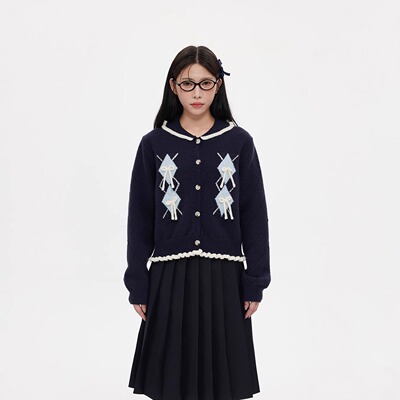 NCXK-复古菱形格学院风短开衫毛衣蝴蝶结乖巧少女感500克重MY218