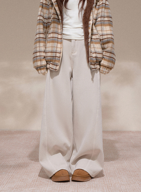 NCXK百搭加绒保暖洗水牛仔裤宽松微弯刀阔腿裤显瘦长裤KZ25174