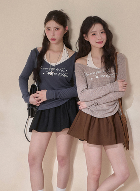 NCXK-星星字母印花挂脖背心叠穿罩衫两件套抽绳长袖T恤CX25127