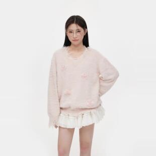 NCXK-秋季蝴蝶结假两件挂脖V领毛衣不规则破坏软糯慵懒风MY181