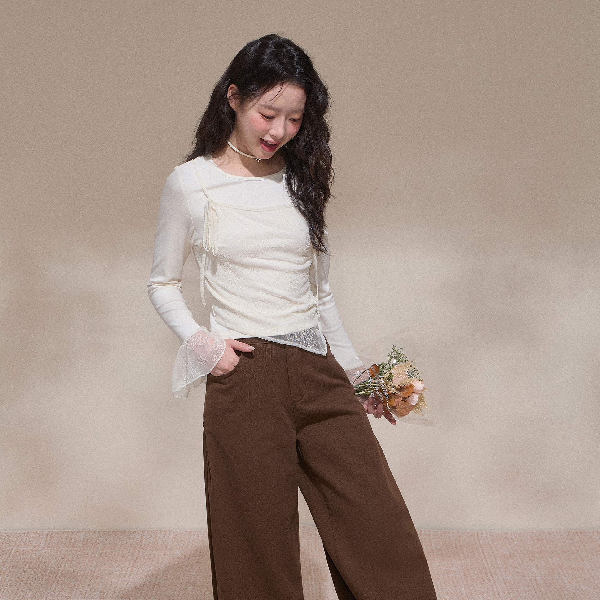 NCXK-设计感蕾丝拼接长袖T恤假两件打底衫早秋上衣CX25118