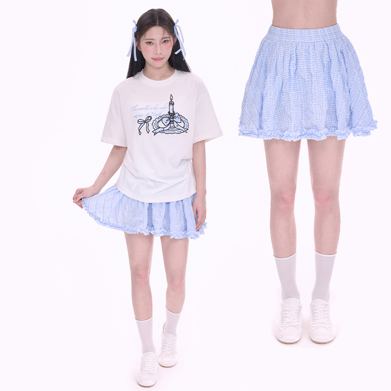 NCXK-肌理感小众格子短裙甜美手工捏褶花边防走光裤裙QZ25047