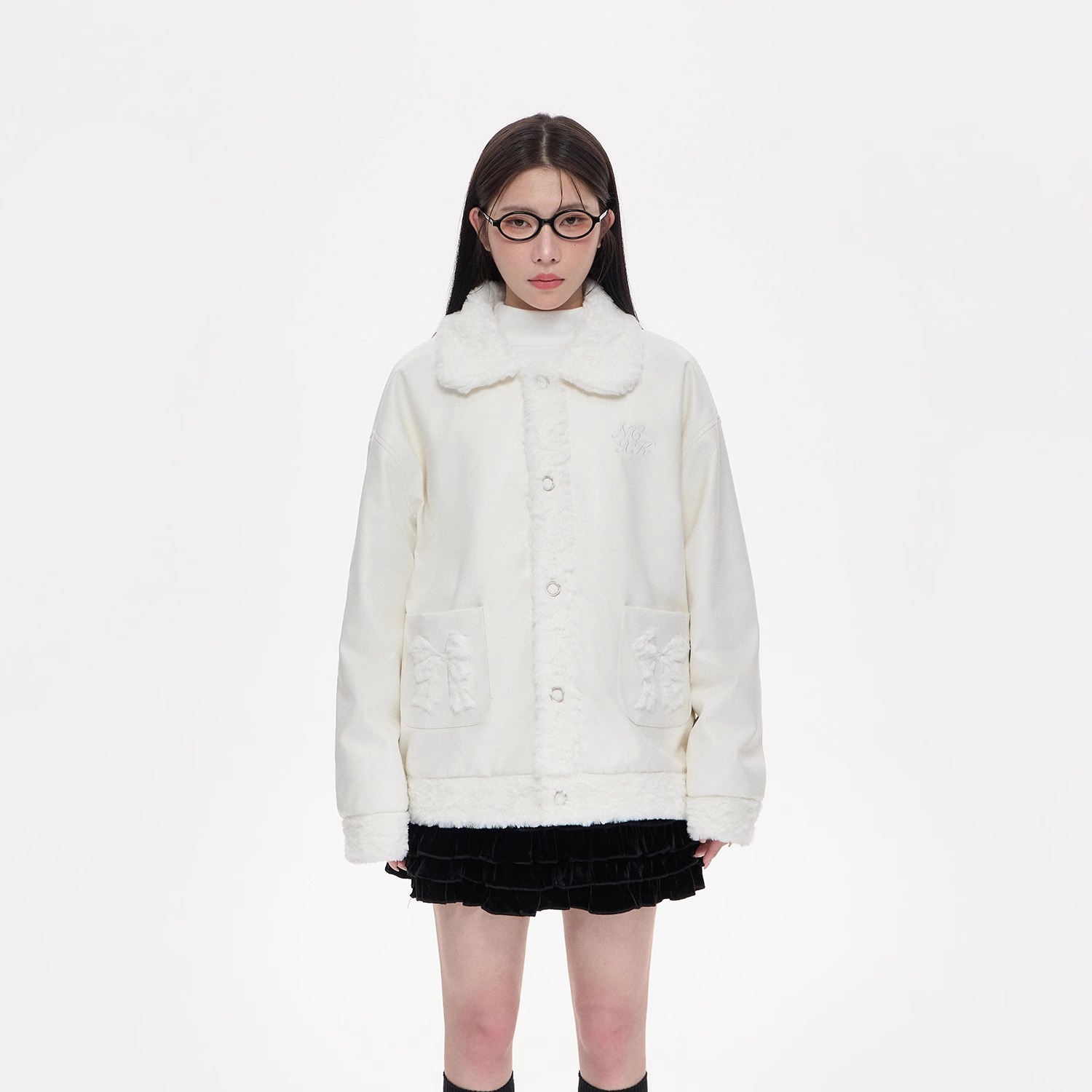 NCXK-蝴蝶结刺绣两面穿皮衣毛绒外套加厚软糯保暖秋冬甜美WT313