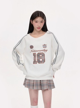 NCXK-数字格子贴布刺绣大圆领卫衣可斜肩休闲宽松秋季新款WY273