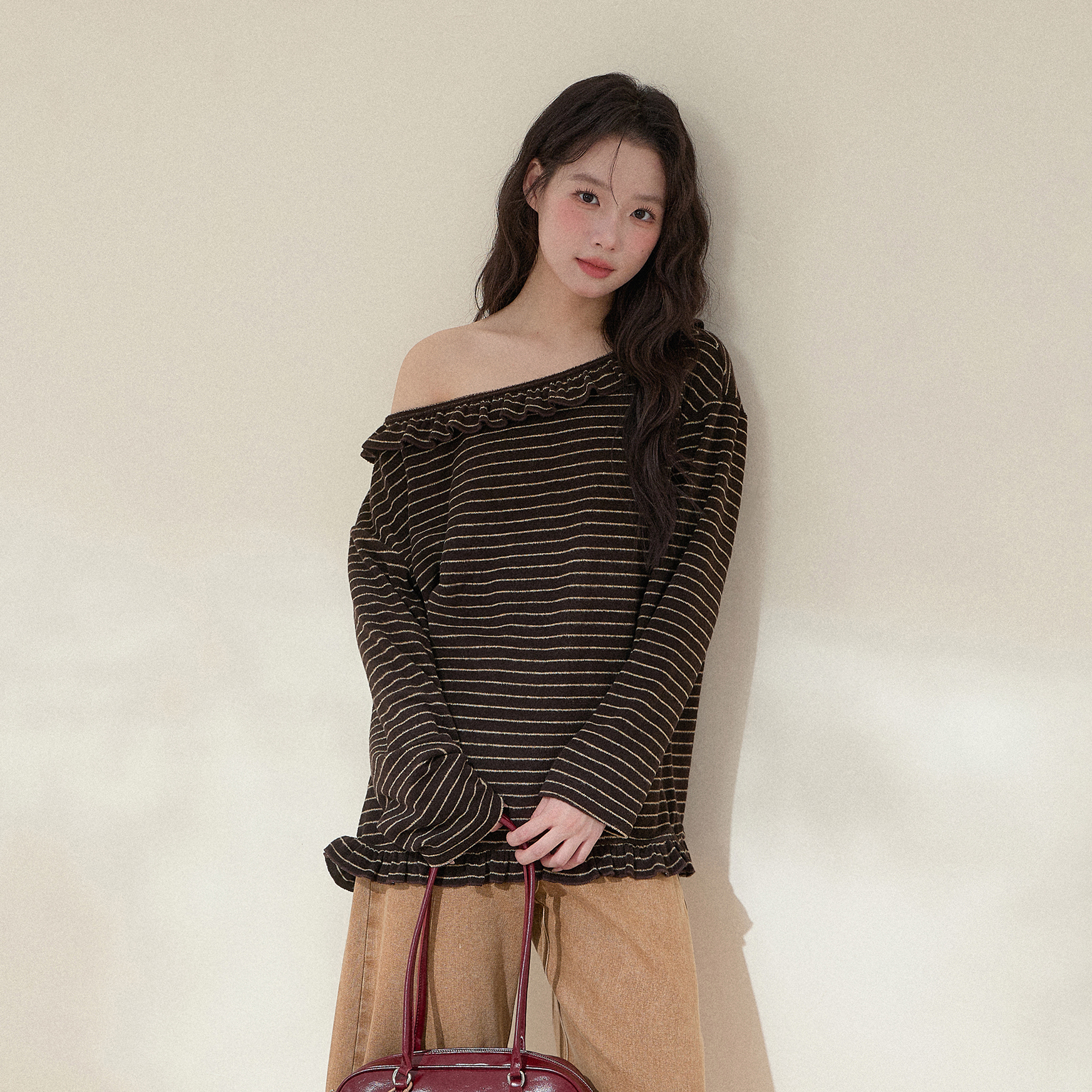 NCXK-条纹斜肩木耳花边长袖T恤露肩宽松显瘦慵懒休闲秋季CX25136