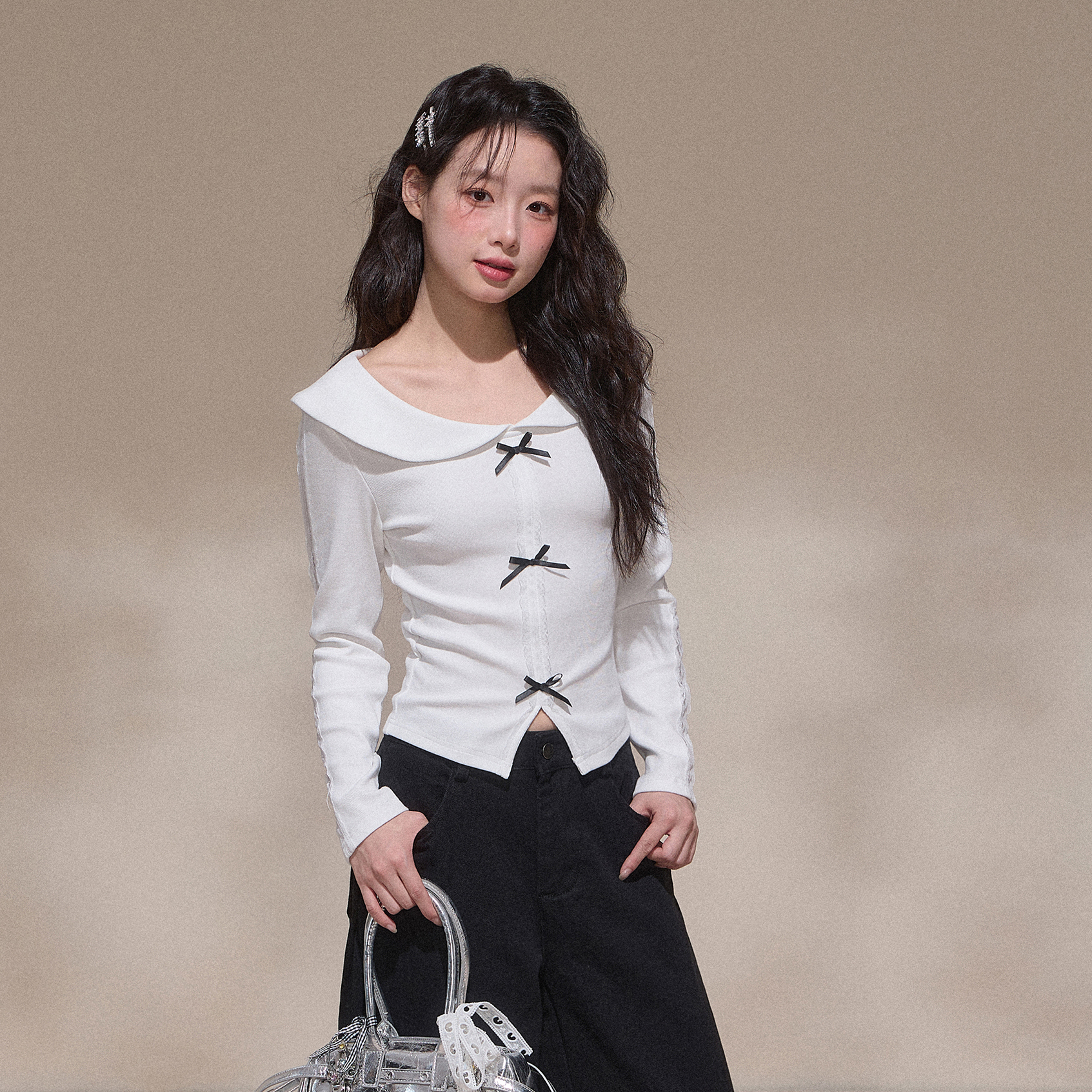 NCXK-娃娃领蝴蝶结长袖修身T恤拼接蕾丝甜美秋季上衣CX25124