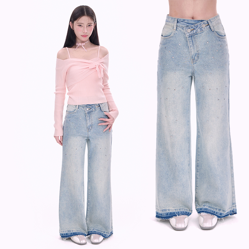 NCXK-烫银星星烫钻洗水蓝色牛仔裤错落腰头设计显瘦直筒裤KZ25002