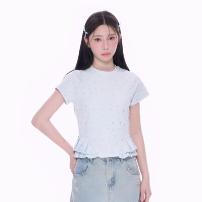 NCXK-定制烫银未来感甜酷短袖双层手工捏褶花边修身显瘦DX25059