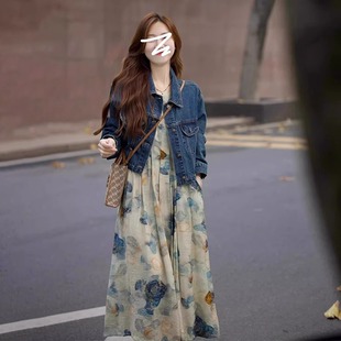 连衣裙女 早秋搭配一整套牛仔外套配背心裙两件套装 大码 新中式 无袖