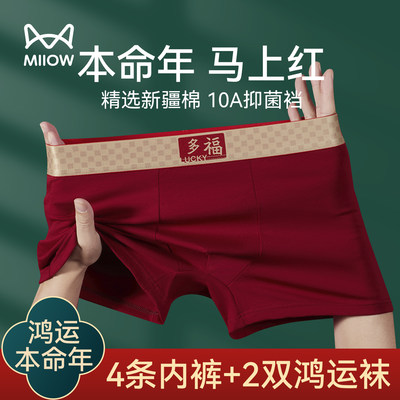 猫人本命年红纯棉抑菌男平角内裤
