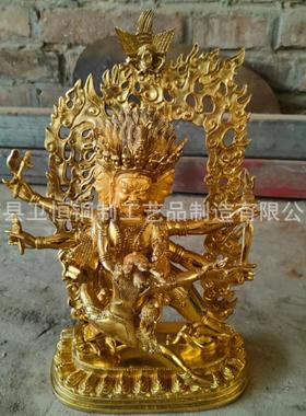 20高纯铜三面普巴马头冥王藏传佛像鎏金彩绘铜像密宗藏佛家居摆件