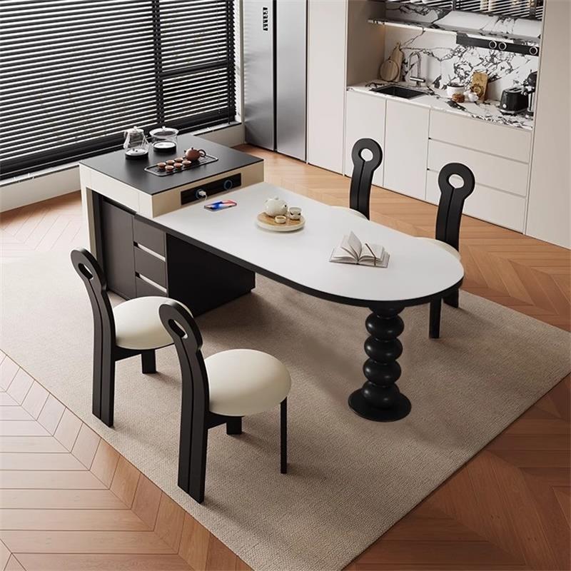 全实木岛台餐桌一体2025新款中古风可伸缩岩板餐桌家用小户型导台