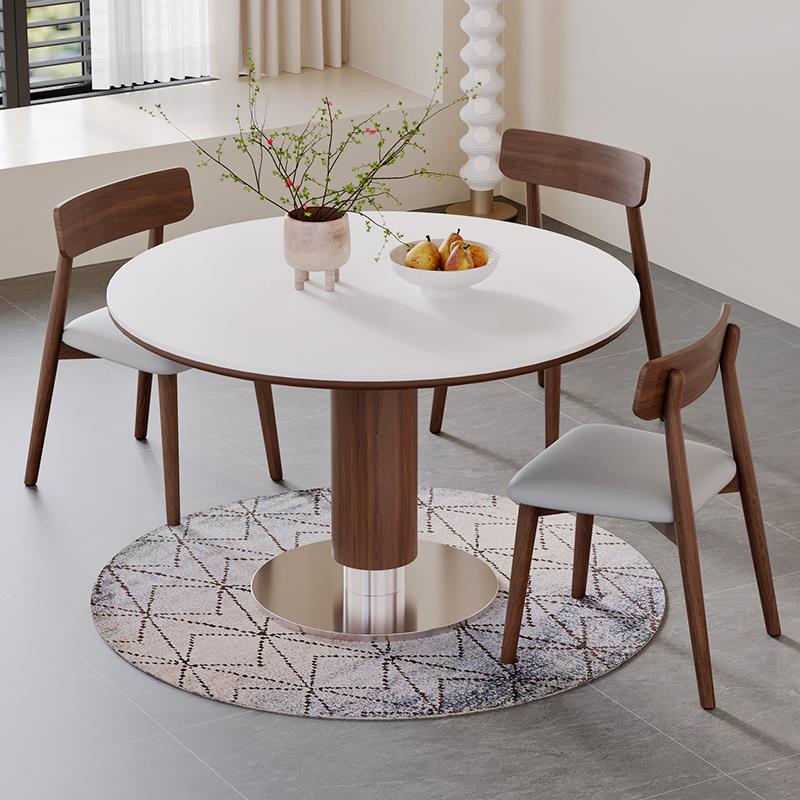 中古风岩板圆桌家用小户型实木餐桌椅组合设计师款覆古圆形小餐桌