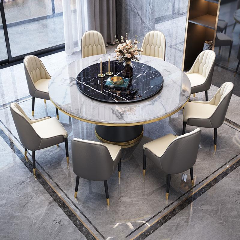 轻奢大理石餐桌椅组合现代简约带转盘圆桌饭桌家用小户型岩板餐桌