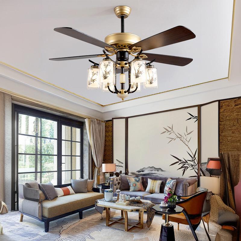新中式风扇灯客厅餐厅家用复古风扇吊灯竹韵木叶电风扇静音吊扇灯