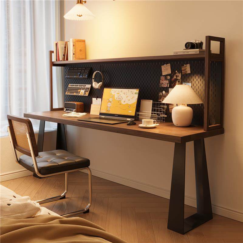 实木中古风带洞洞板书桌书架一体卧室家用双人电脑桌靠墙窄长条桌