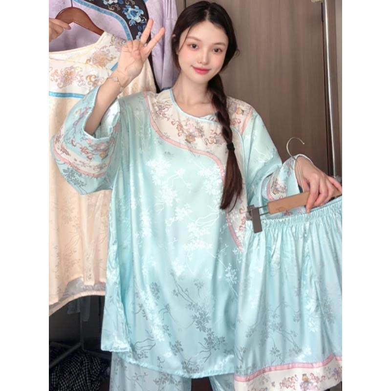 新中式格格睡衣宫廷风提花睡衣女夏款宽松大码可外穿可家居服套装
