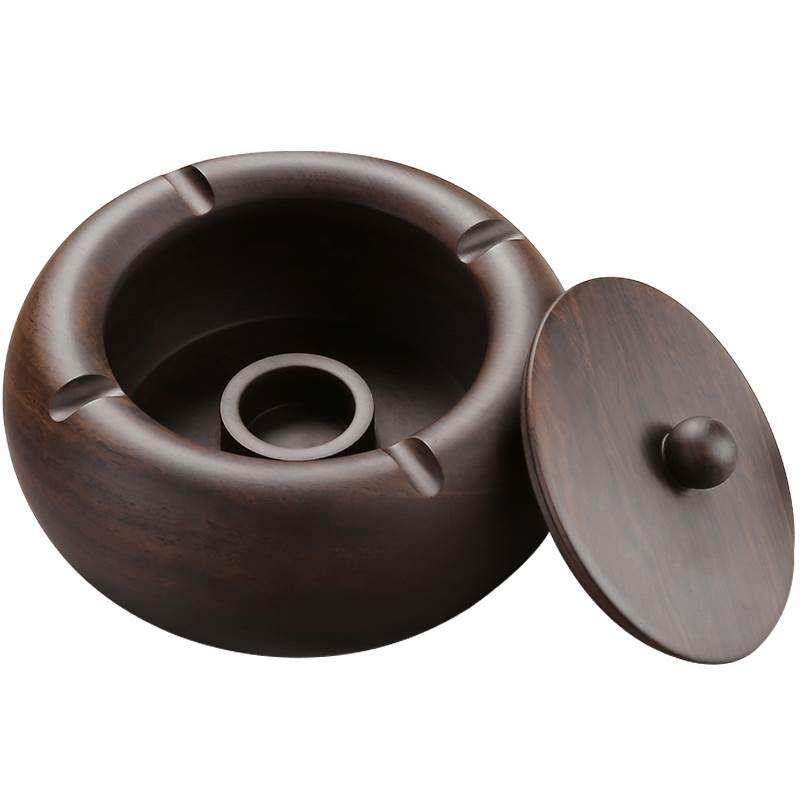 复古黑檀实木中式带盖烟灰缸木质创意个性潮流大号家用客厅防飞灰