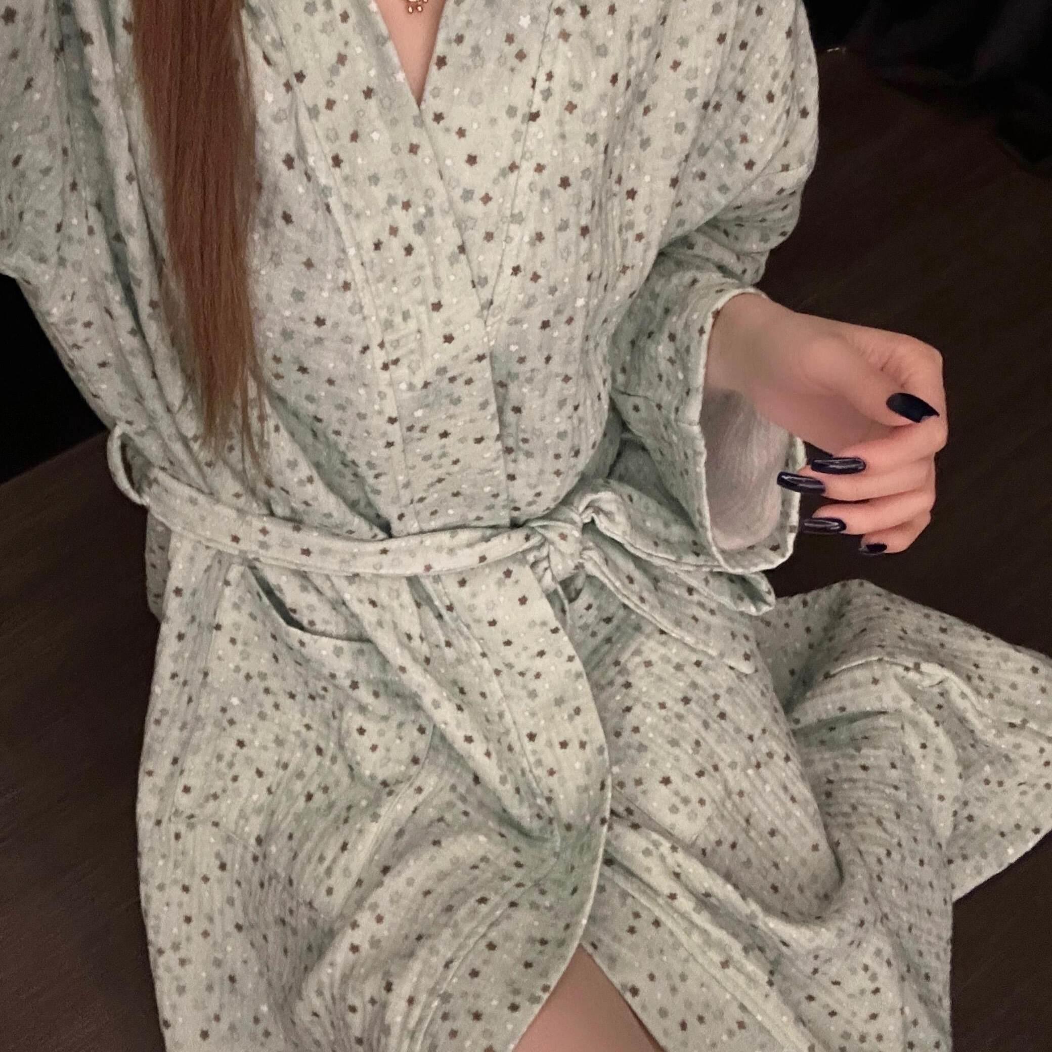 高级感星星棉纱睡衣睡袍女款夏季大尺码慵懒风休闲居家服晨袍可外