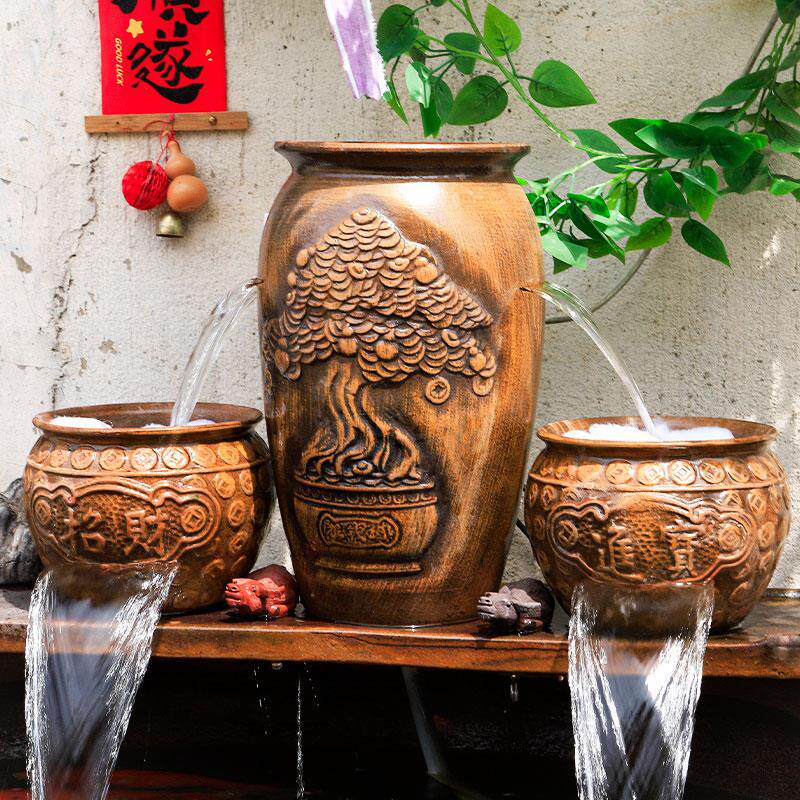 循环水养鱼复古生态瀑布过滤器造景全套古法鱼缸流水陶罐摆件鱼池