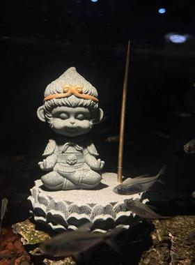 鱼缸造景黑色神话悟空摆件斗佛禅宗微景金环茶几书桌镇纸