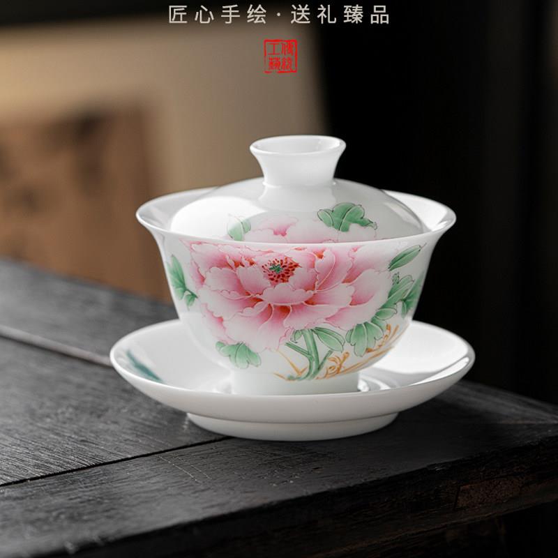 景德镇手绘盖碗家用高档功夫茶具泡茶碗手绘荷花牡丹三才盖碗女士