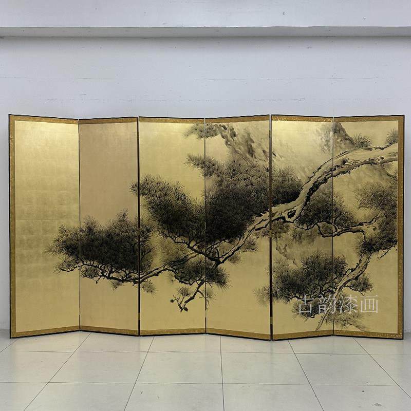 新中式手绘松树漆画金箔屏风隔断客厅遮挡茶室办公室移动折屏定制