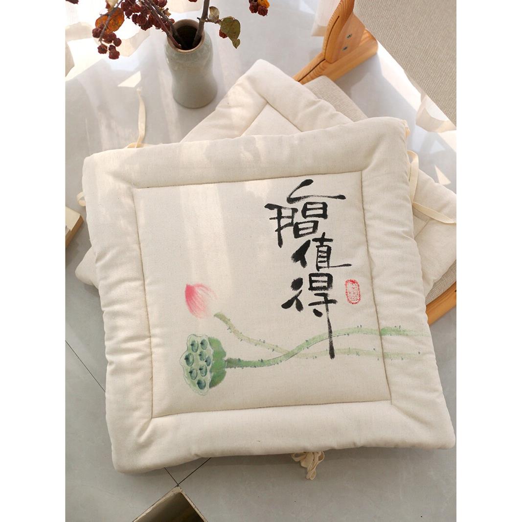 中式棉麻四季款餐椅垫坐垫 手绘荷花保暖古典拆洗机洗榻榻米垫子