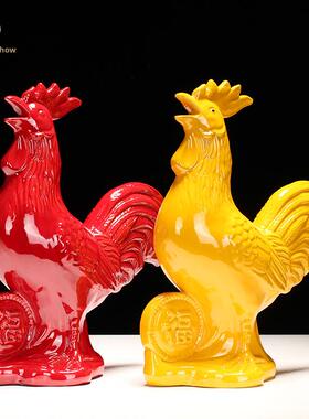 红釉陶瓷公鸡饰品家庭装饰品生肖公鸡工艺品开幕礼物公鸡