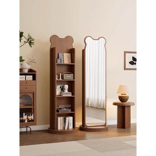 小熊书架旋转穿衣镜全身镜落地镜杂志镜报刊书架一体镜储物试衣镜