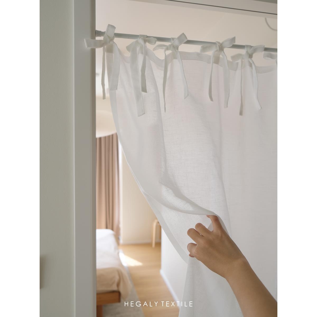 HEGALY 透光门帘白色窗纱棉麻日式系带隔断拍摄背景玄关厨房半帘