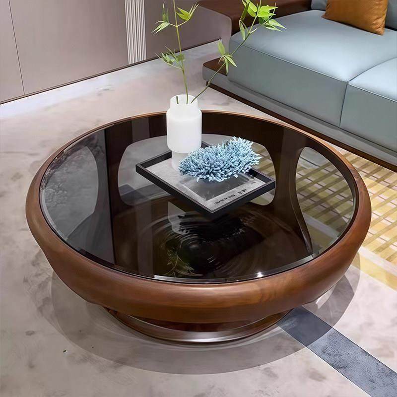 北美黑胡桃木茶几客厅家用小户型现代简约轻奢高级感实木圆形茶几