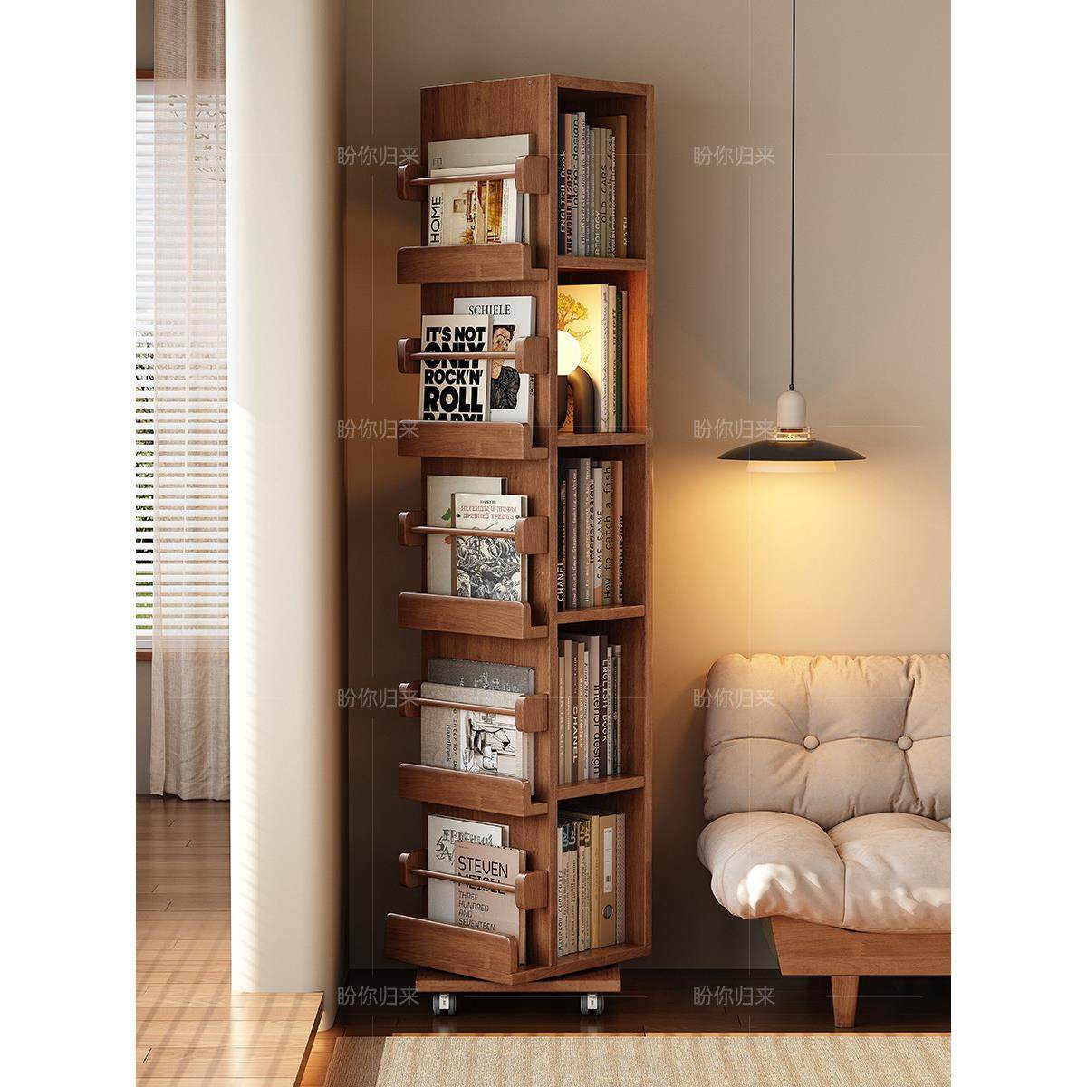 实木旋转书架家用可移动360度置物架学生书本收纳架卧室靠墙书柜