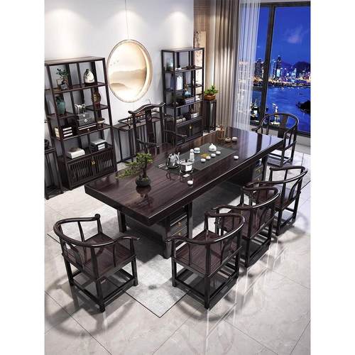 新中式实木大板整板茶桌储物桌椅套餐茶台一桌五椅高端会客办公