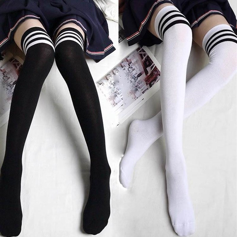 过膝袜女秋冬白丝袜纯欲JK大腿袜半截条纹三条杠高筒袜学生长筒袜