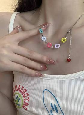 新款彩色甜甜圈圆形项链女 小众设计夏季个性时尚甜酷风抽拉颈炼