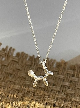 镀925银项链女素银气球狗吊坠母贝珍珠小众锁骨链韩国网红