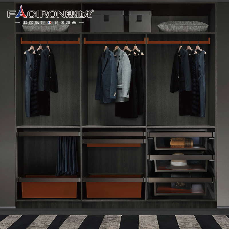 衣帽间轻奢玻璃衣柜拉篮抽屉式衣橱内置伸缩裤架收纳架储物篮皮篮