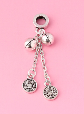 s925银复古泰银吉祥如意铜钱铃铛流苏吊坠diy手工编绳项链坠子