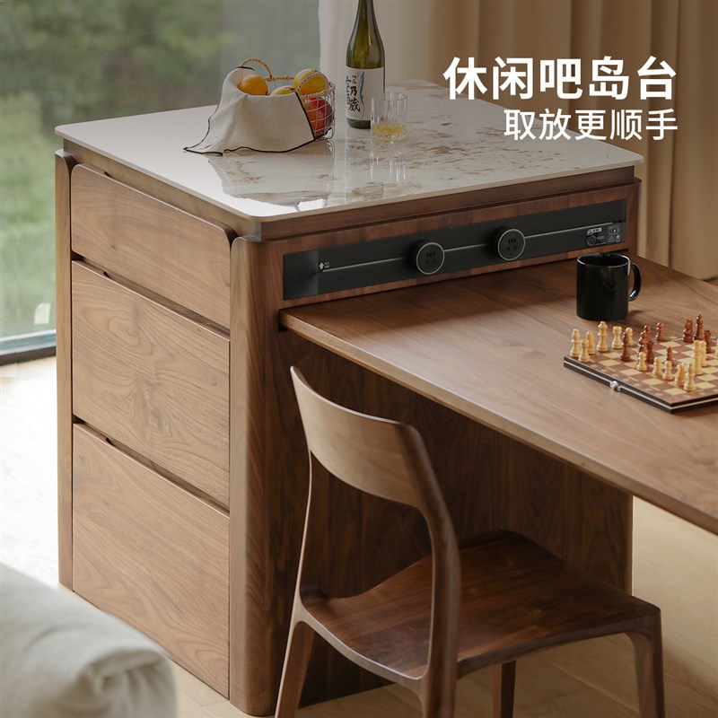 热销北美黑胡桃木岛台实木岩板餐边柜展示柜吧台厨房客厅伸缩岛台