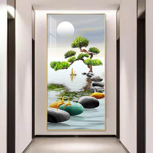 现代玄关装饰画进门入户正对墙走廊过道尽头挂画客厅玄幻壁画竖版