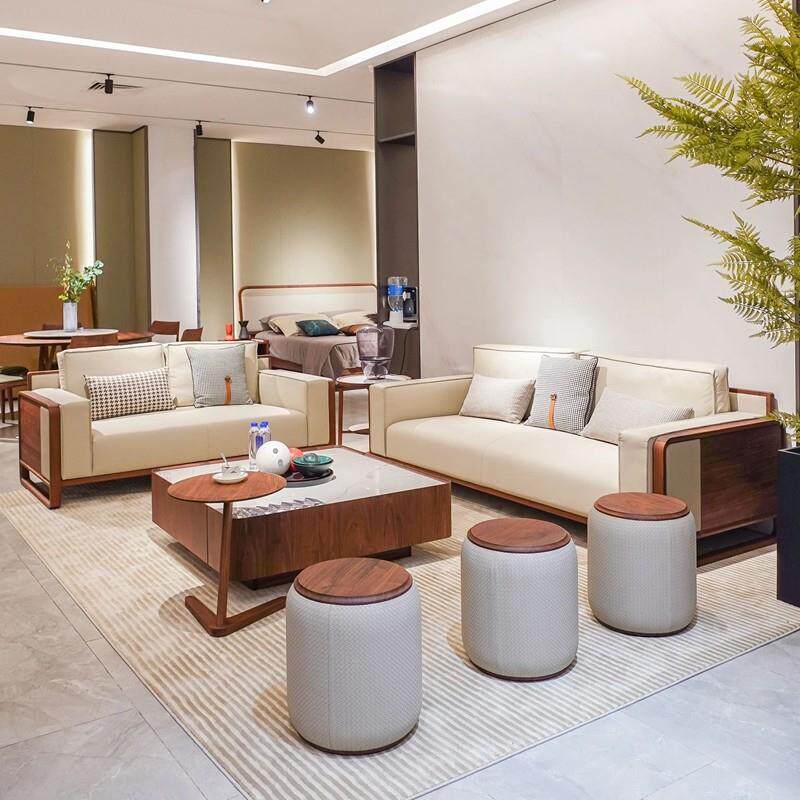 新中式北美黑胡桃木沙发宋式美学极简别墅轻奢办公室真皮定制家俱