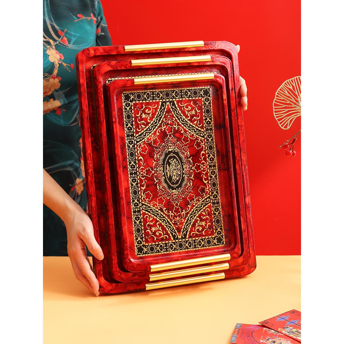 红色中式敬茶杯套装长方形木质龙凤托盘宫廷风典雅复古杯盘干果盘